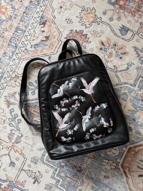 Black Embroidered Crane Backpack